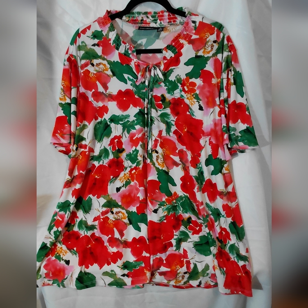 Nina Leonard Vibrant Red and Green Floral Blouse